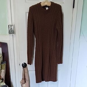 Long Sleeve Brown Sweater Dress With Open Back